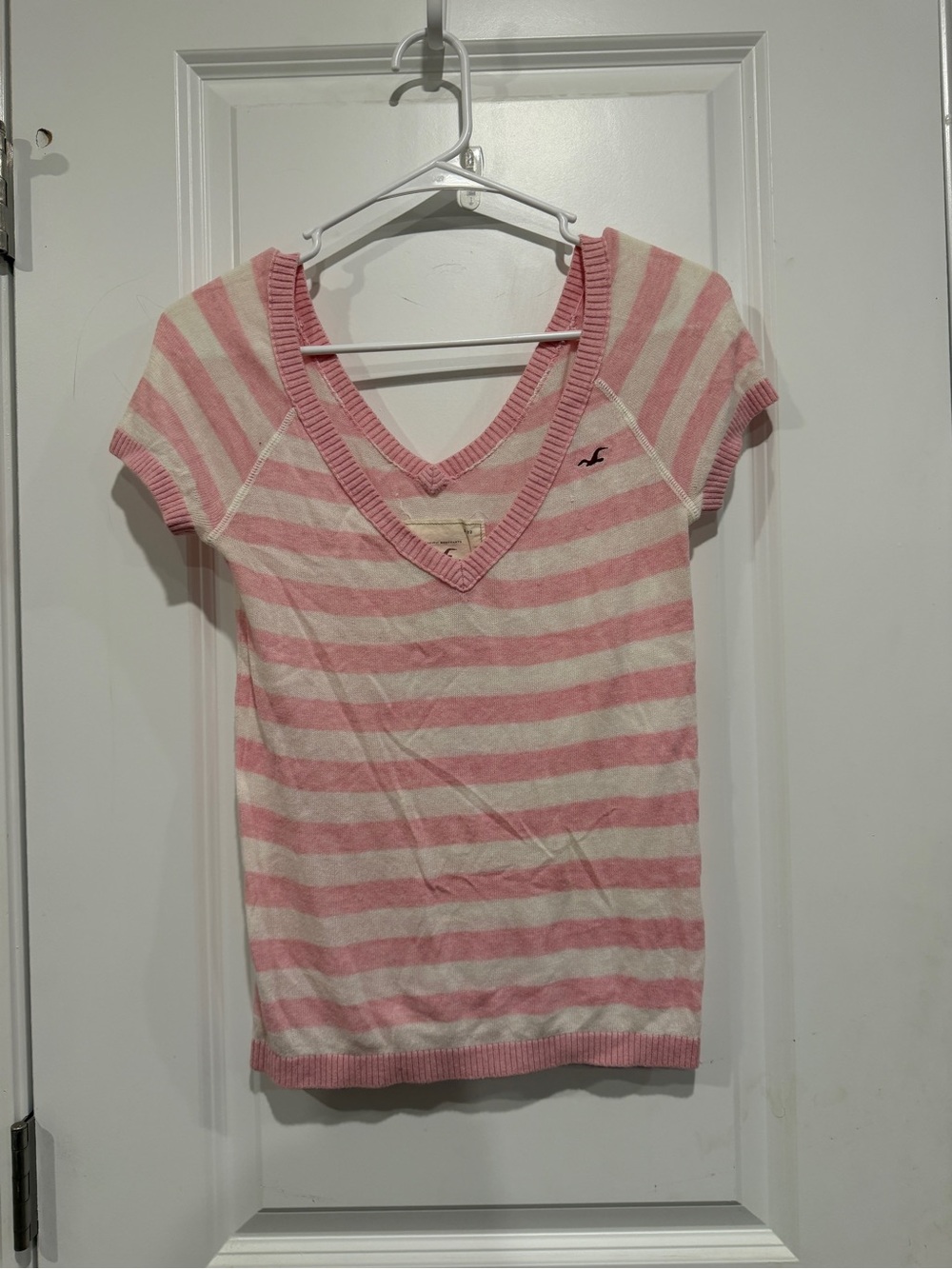 Hollister Pink & White Striped V-Neck Short Sleeve Top